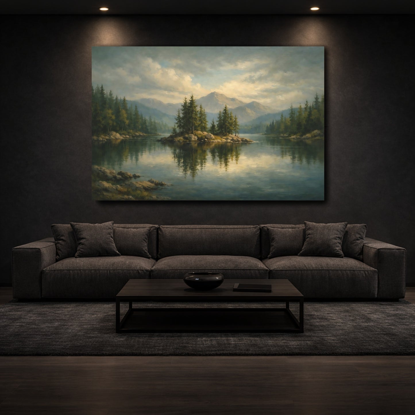Mockup 2. Nature Lake Island Green Lake Landscape shown as stretched canvas wall art