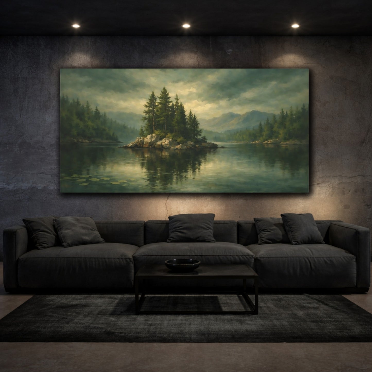Mockup 2. Nature Lake Island Green Lake Landscape shown as stretched canvas wall art