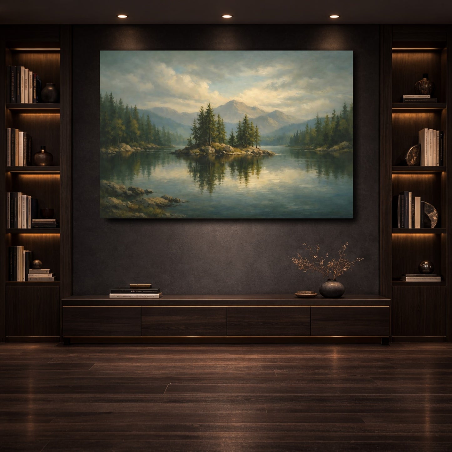 Mockup 3. Nature Lake Island Green Lake Landscape shown as stretched canvas wall art