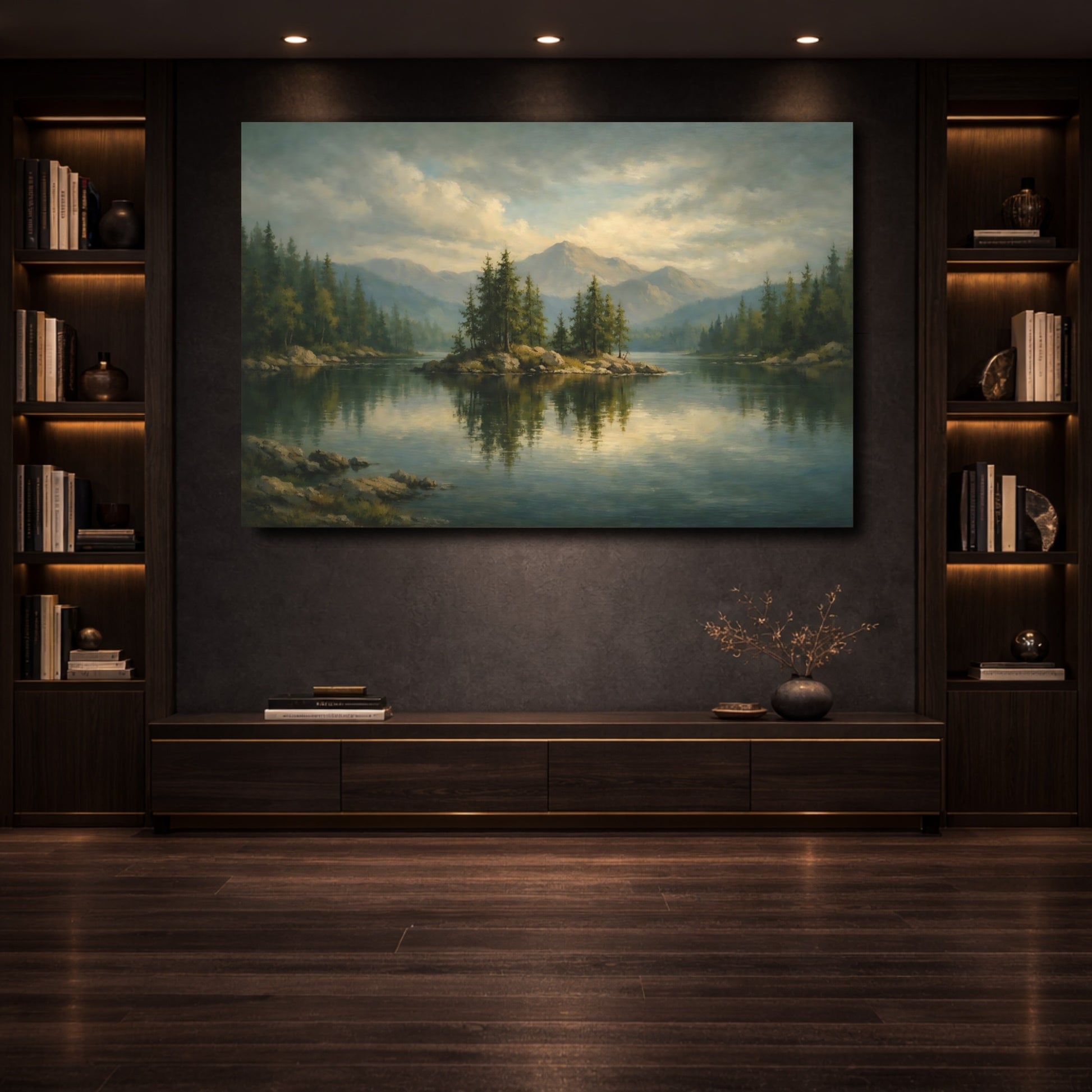 Mockup 3. Nature Lake Island Green Lake Landscape shown as stretched canvas wall art