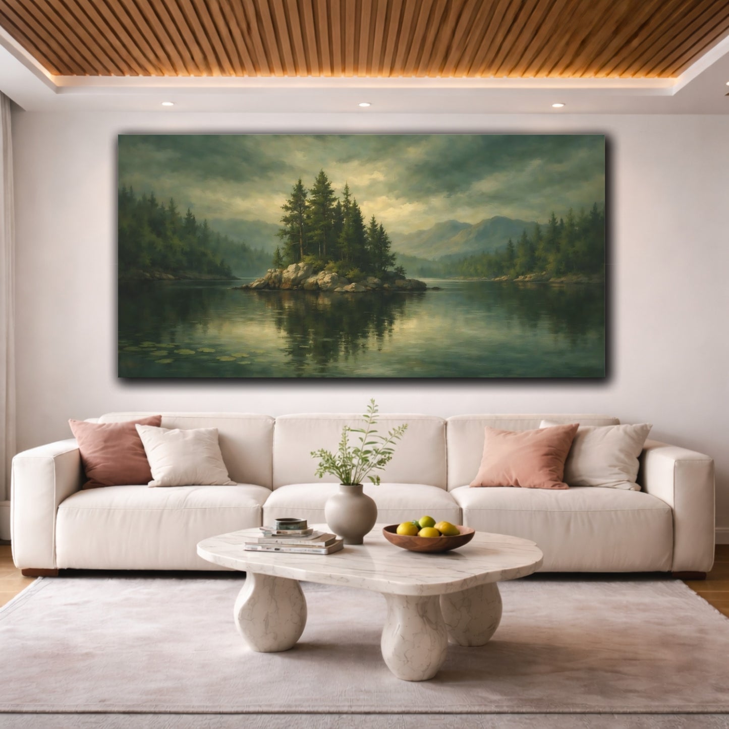 Mockup 3. Nature Lake Island Green Lake Landscape shown as stretched canvas wall art
