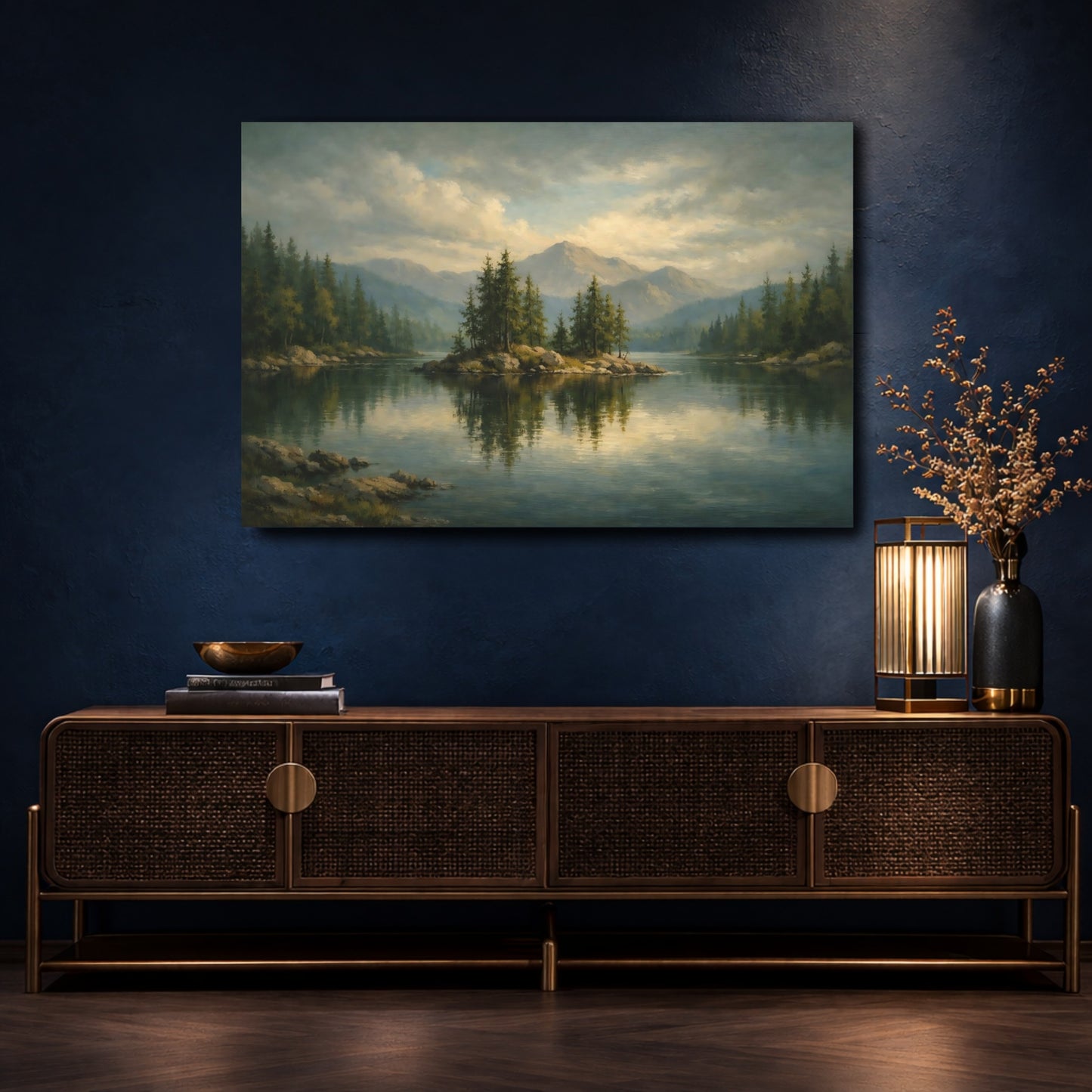 Mockup 4. Nature Lake Island Green Lake Landscape shown as stretched canvas wall art