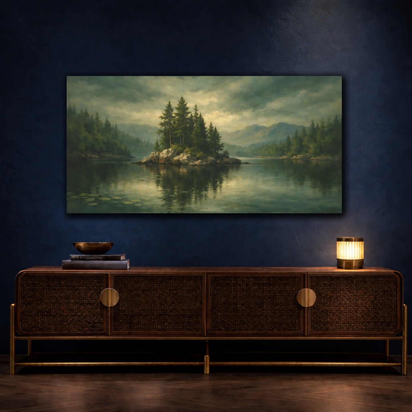 Mockup 4. Nature Lake Island Green Lake Landscape shown as stretched canvas wall art