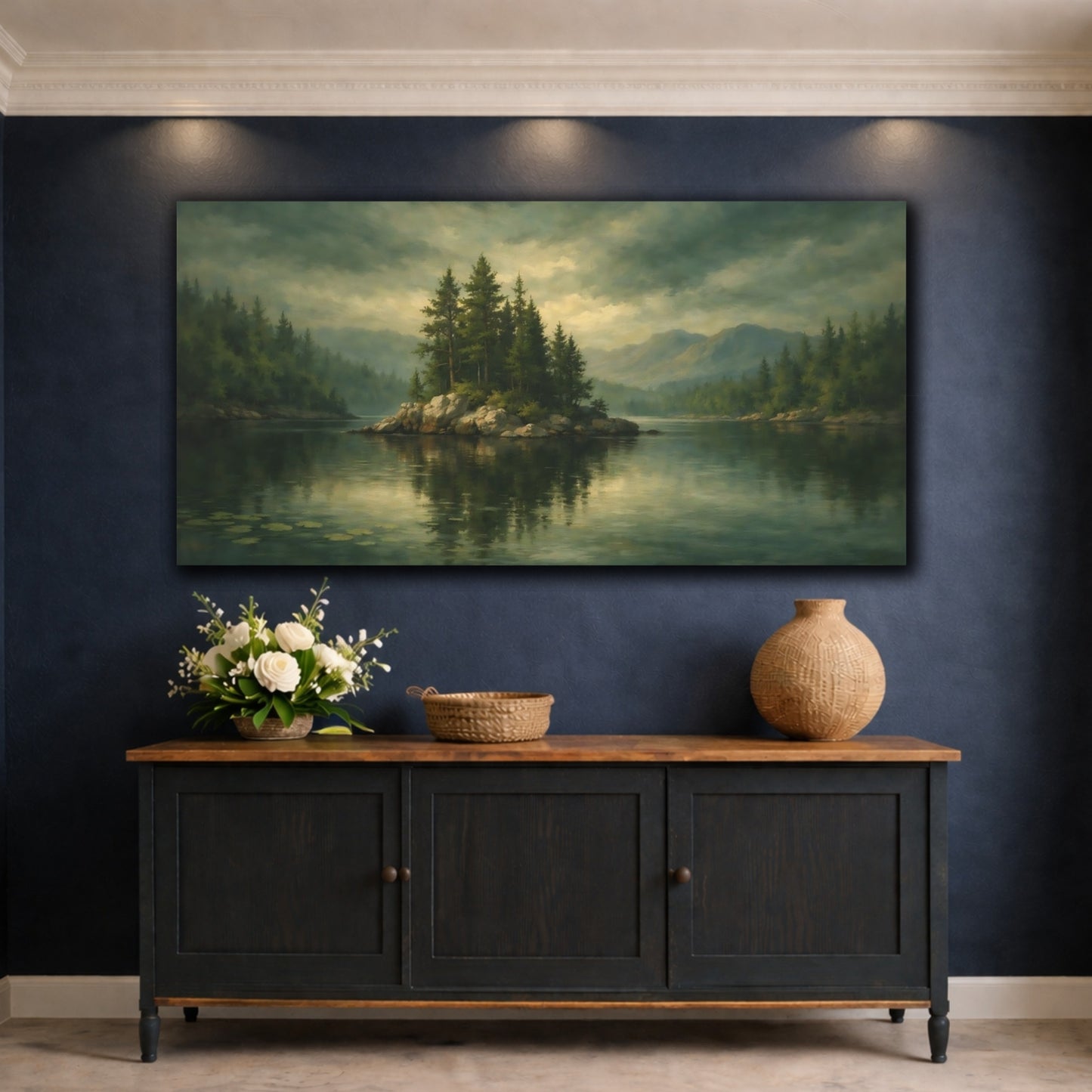 Mockup 4. Nature Lake Island Green Lake Landscape shown as stretched canvas wall art
