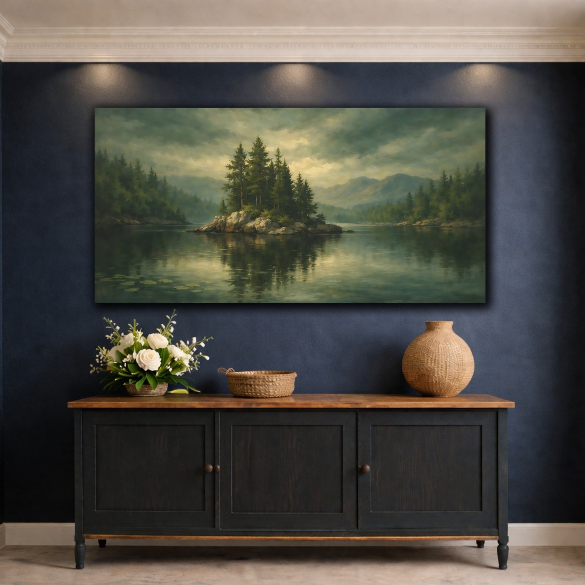 Mockup 4. Nature Lake Island Green Lake Landscape shown as stretched canvas wall art