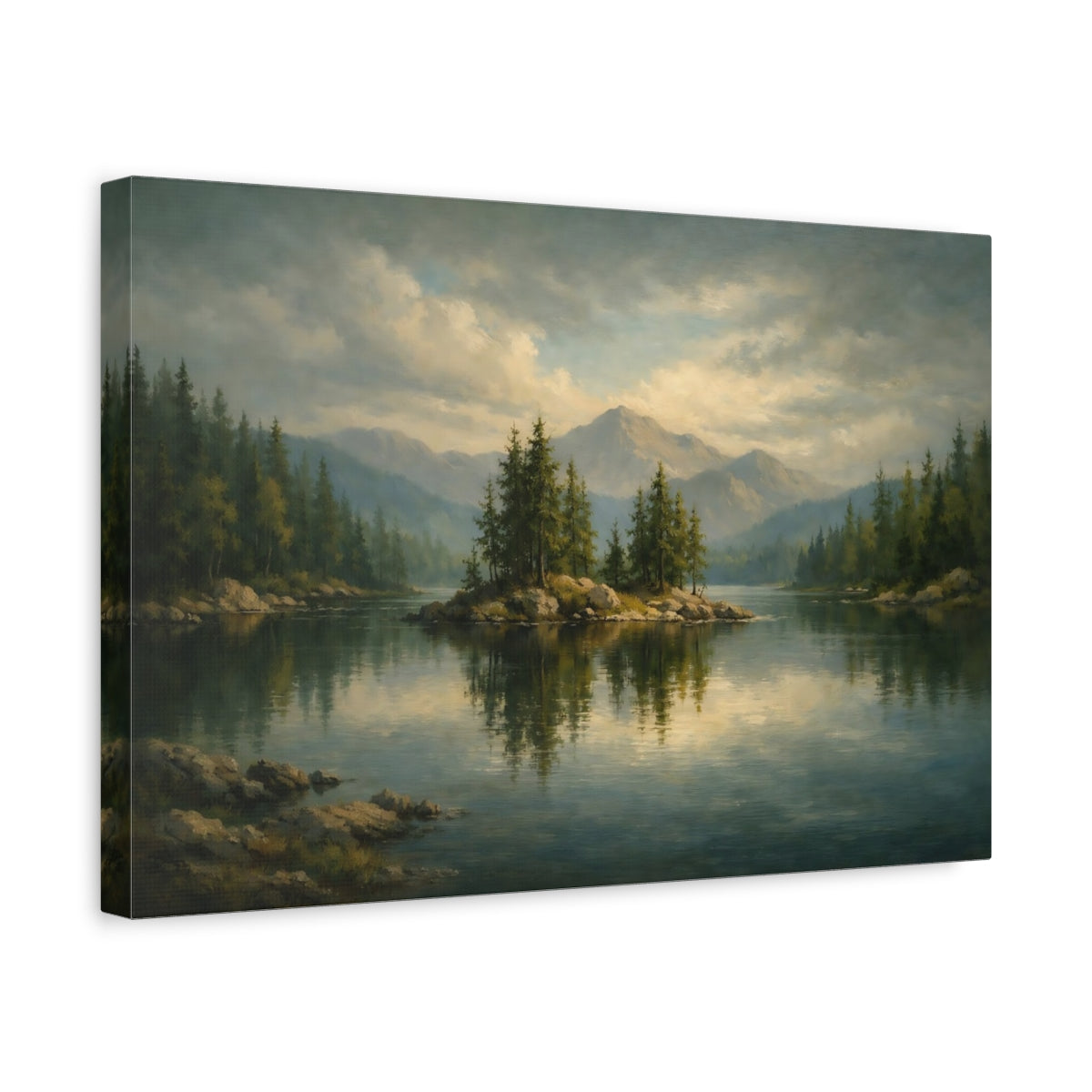 Side Mockup 4. Nature Lake Island Green Lake Landscape shown as stretched canvas wall art