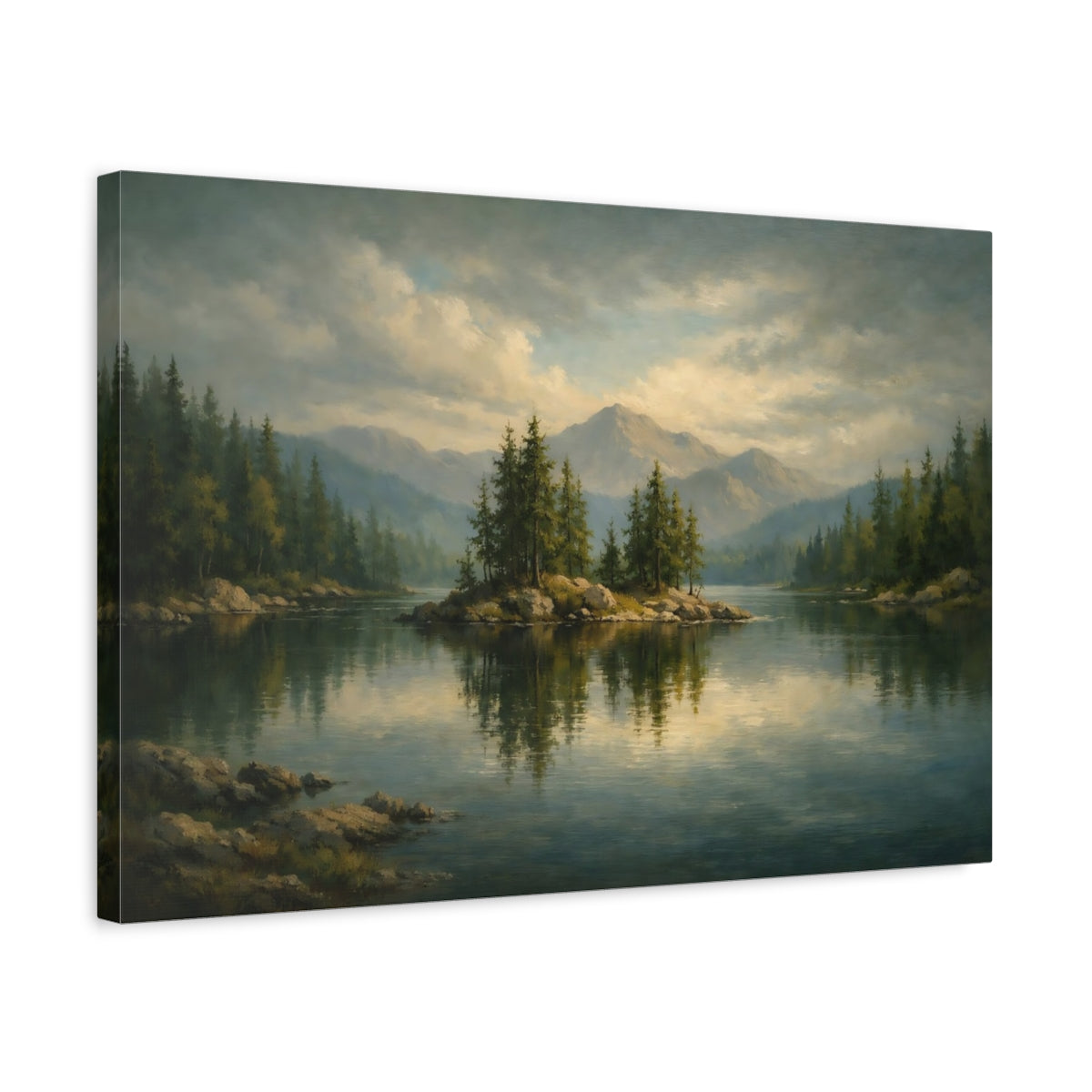 Side Mockup 3. Nature Lake Island Green Lake Landscape shown as stretched canvas wall art