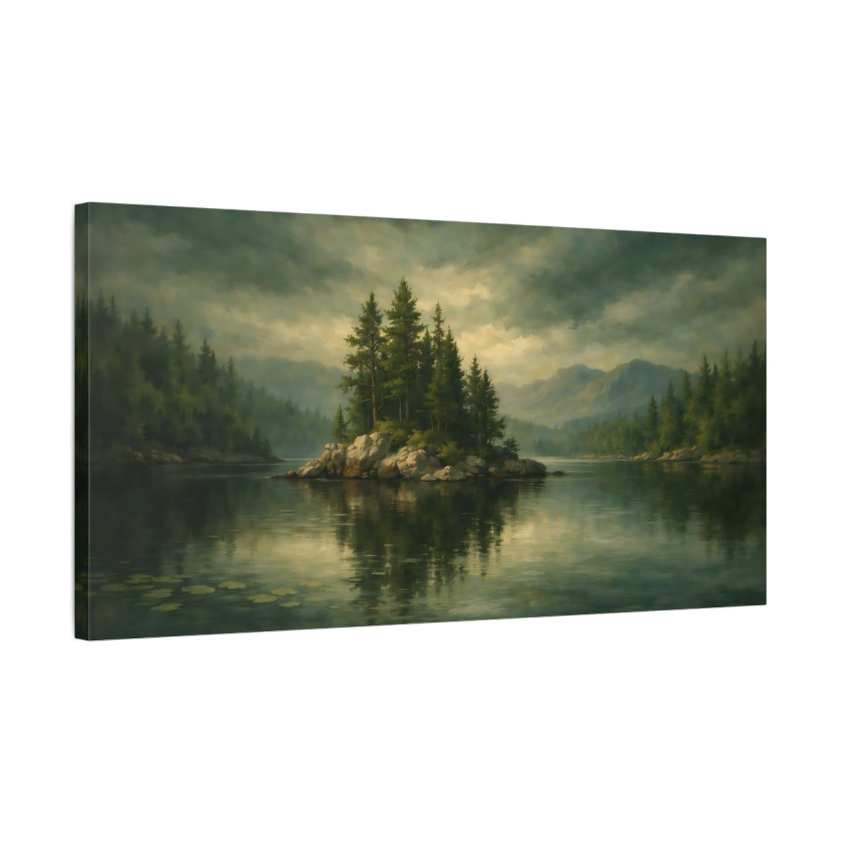 Side Mockup 2. Nature Lake Island Green Lake Landscape shown as stretched canvas wall art