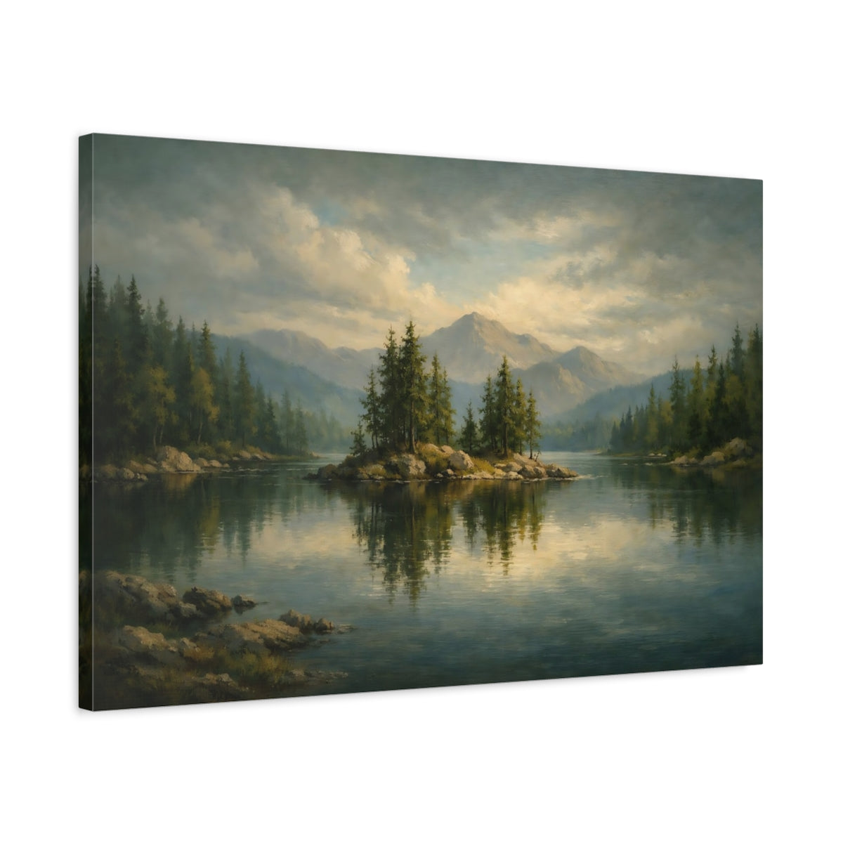 Side Mockup 2. Nature Lake Island Green Lake Landscape shown as stretched canvas wall art
