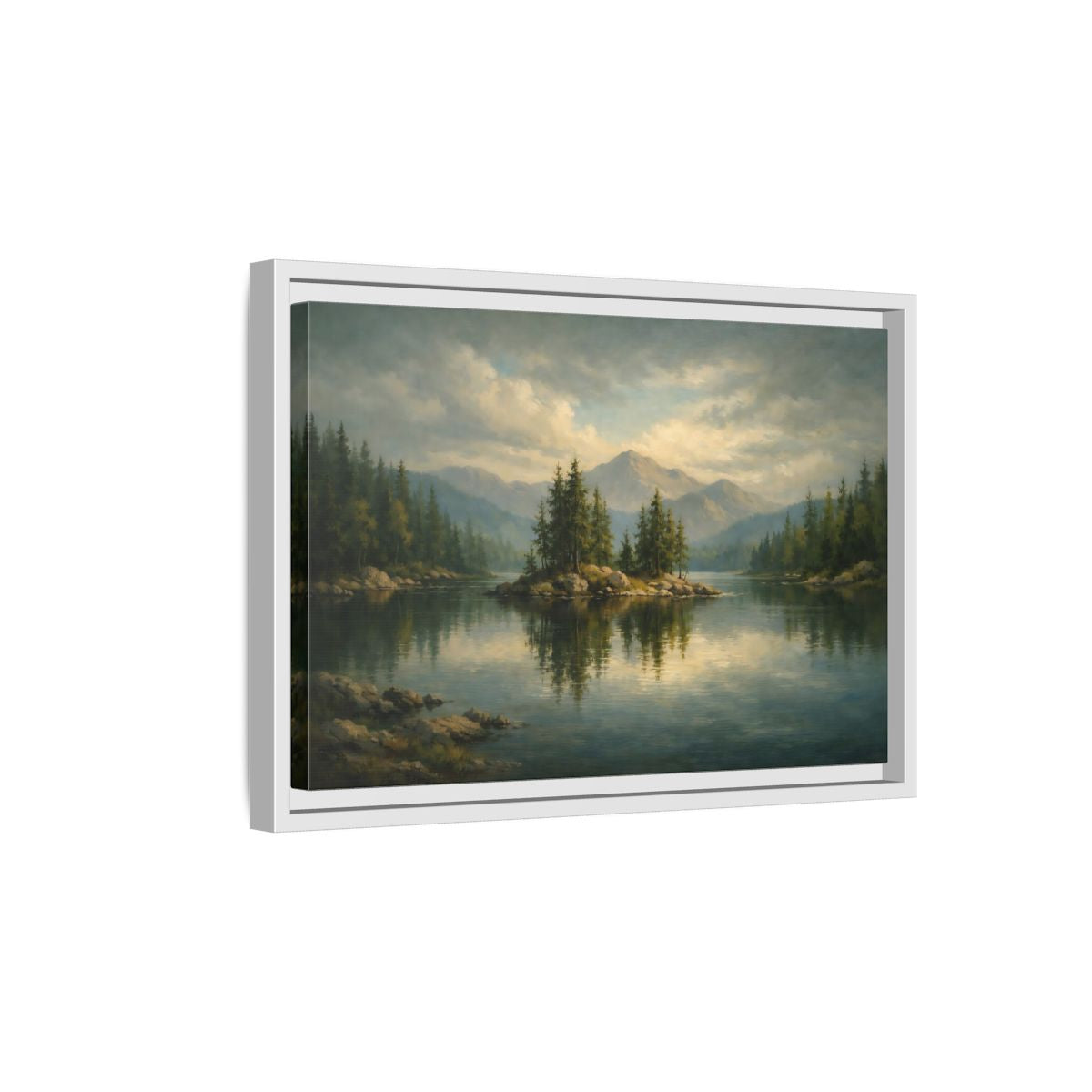 Side Mockup 4. Nature Lake Island Green Lake Landscape shown as stretched canvas wall art