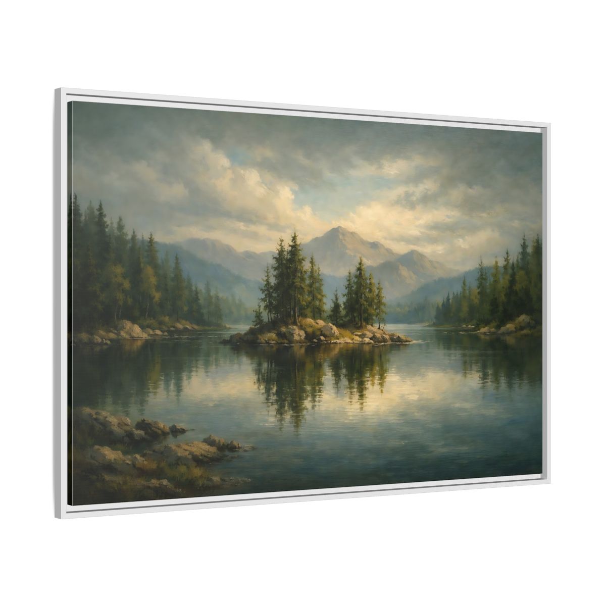 Side Mockup 7. Nature Lake Island Green Lake Landscape shown as stretched canvas wall art