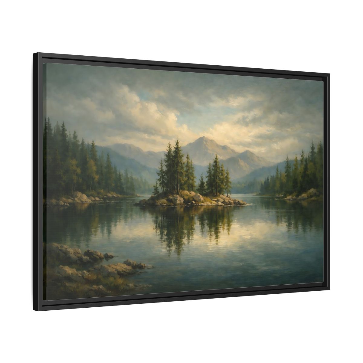 Side Mockup 13. Nature Lake Island Green Lake Landscape shown as stretched canvas wall art