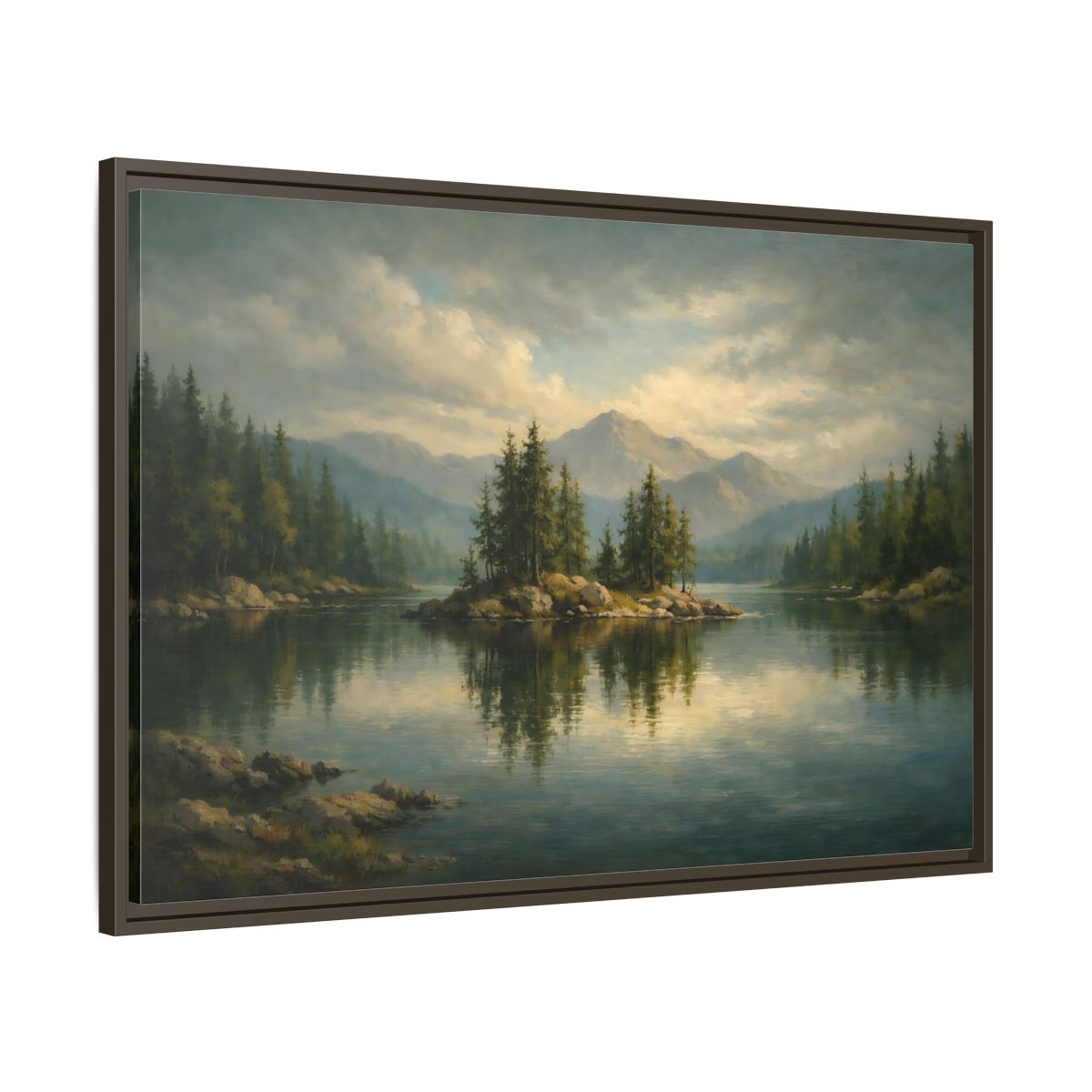 Side Mockup 9. Nature Lake Island Green Lake Landscape shown as stretched canvas wall art