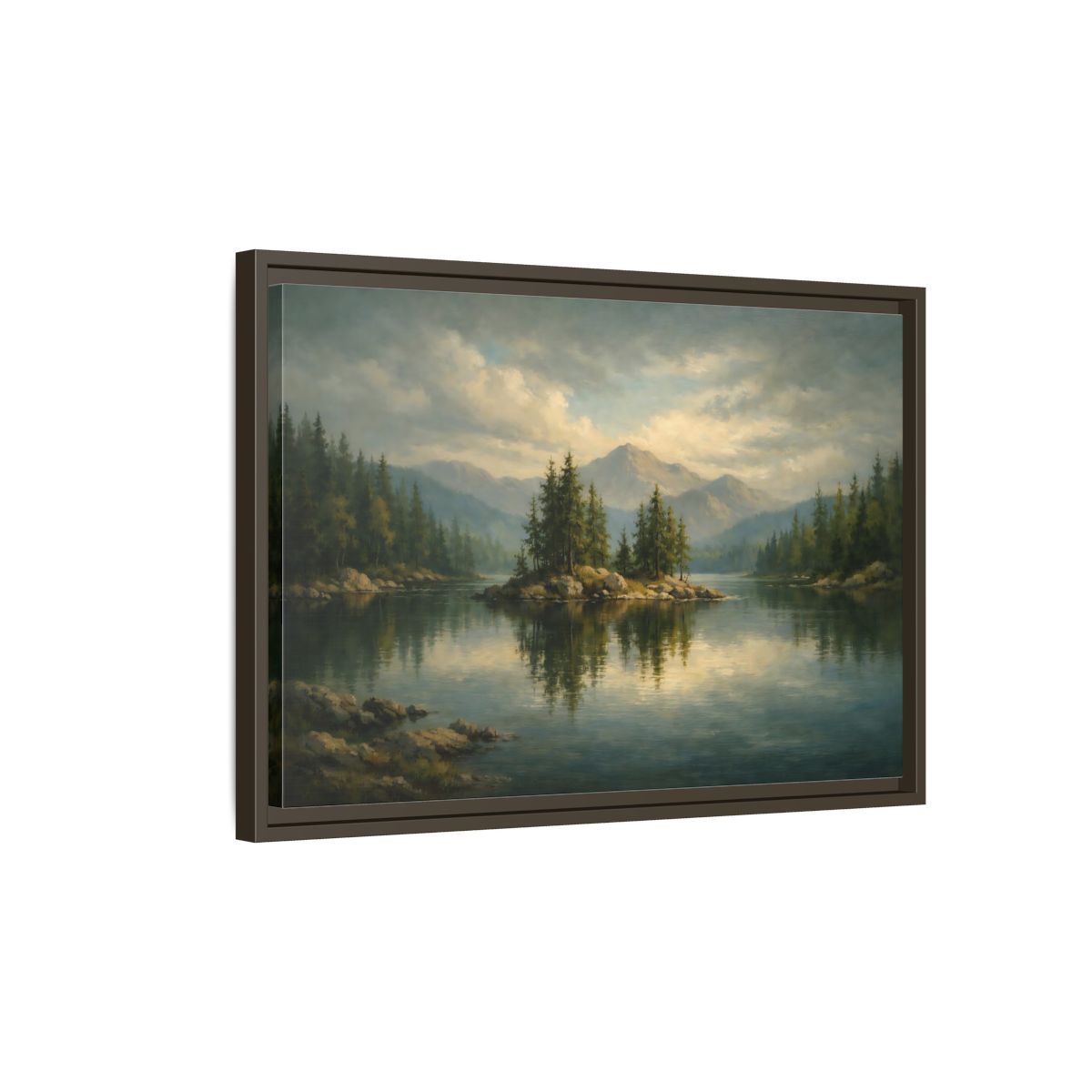 Side Mockup 2. Nature Lake Island Green Lake Landscape shown as stretched canvas wall art