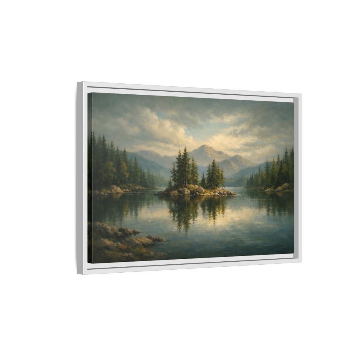 Side Mockup 1. Nature Lake Island Green Lake Landscape shown as stretched canvas wall art