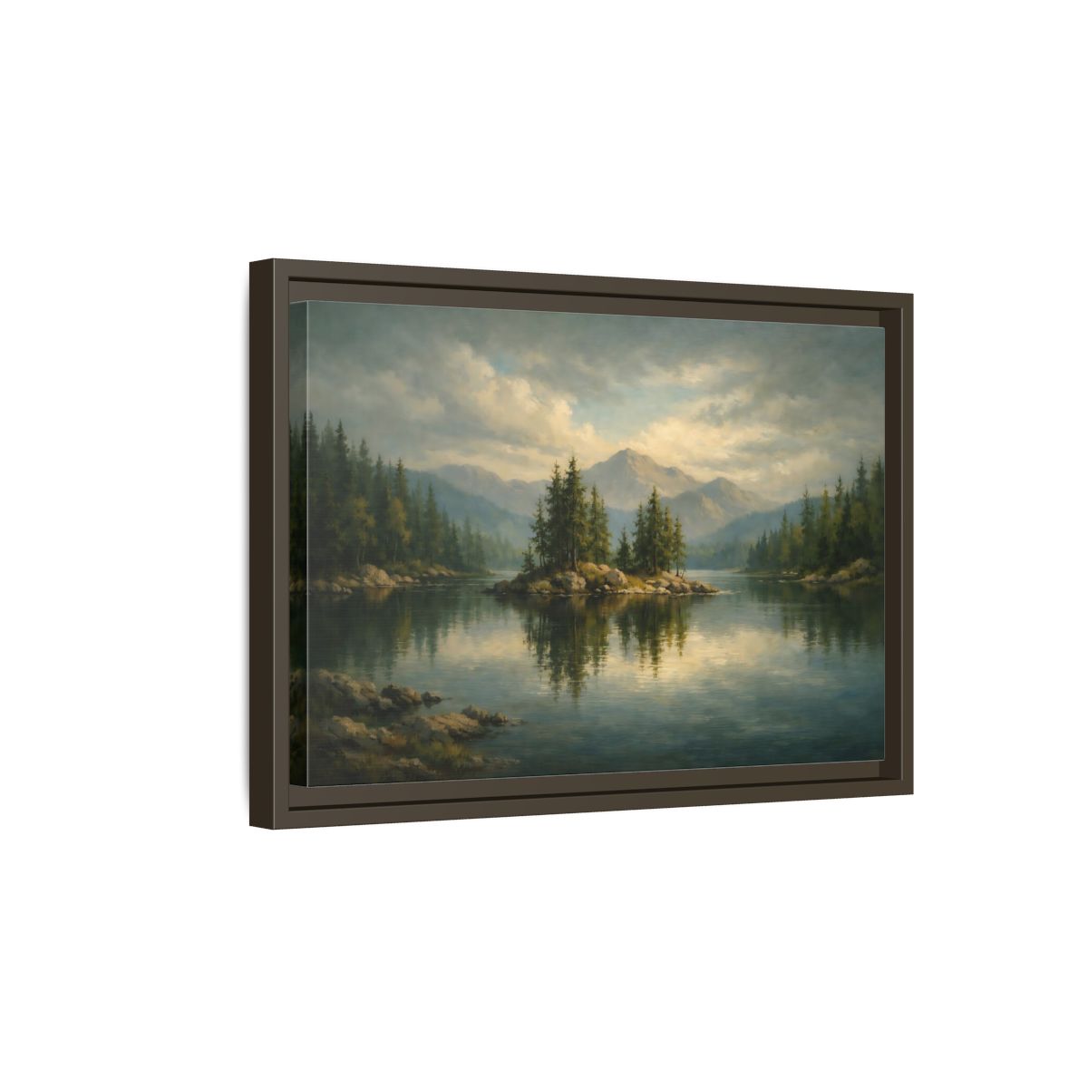 Side Mockup 5. Nature Lake Island Green Lake Landscape shown as stretched canvas wall art