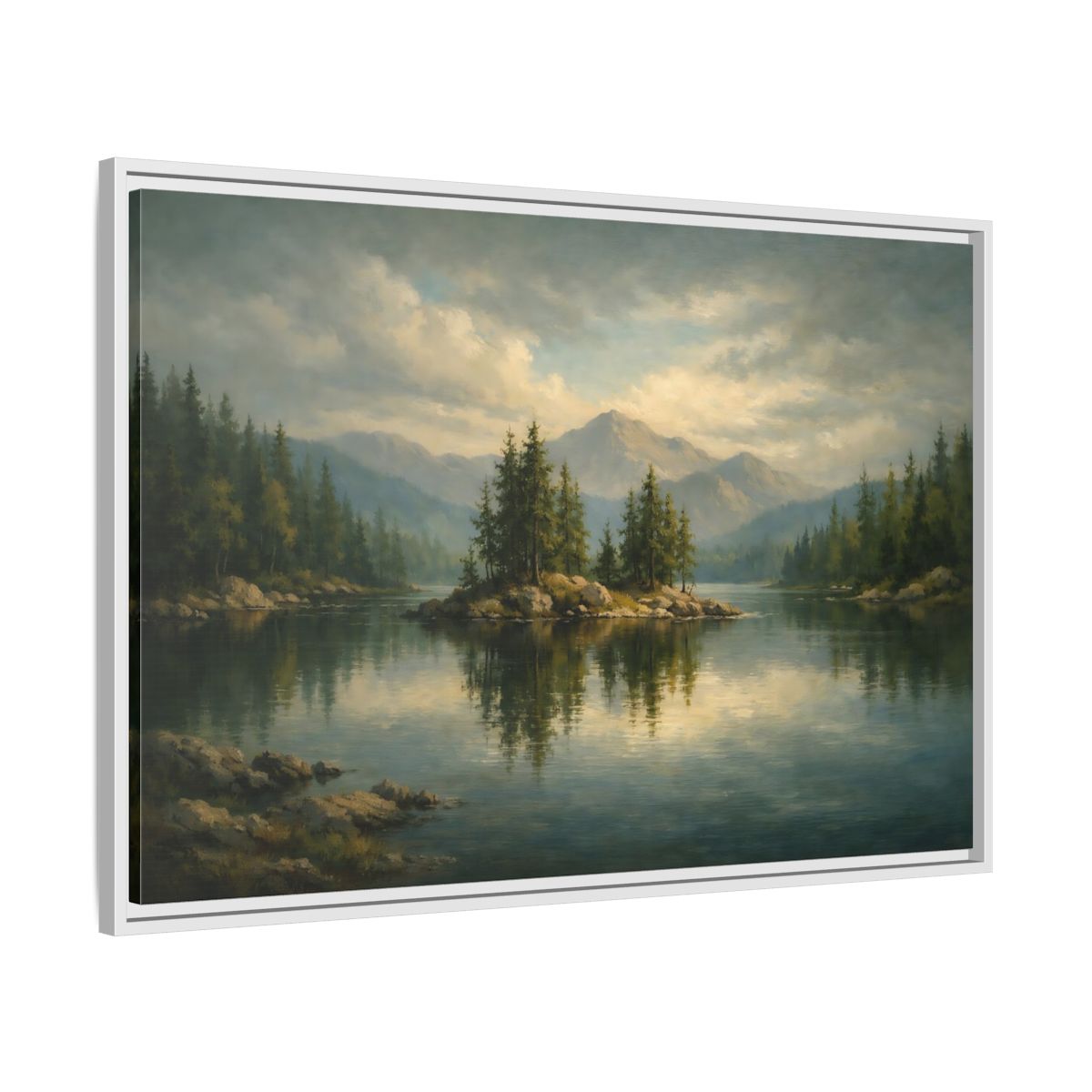 Side Mockup 8. Nature Lake Island Green Lake Landscape shown as stretched canvas wall art