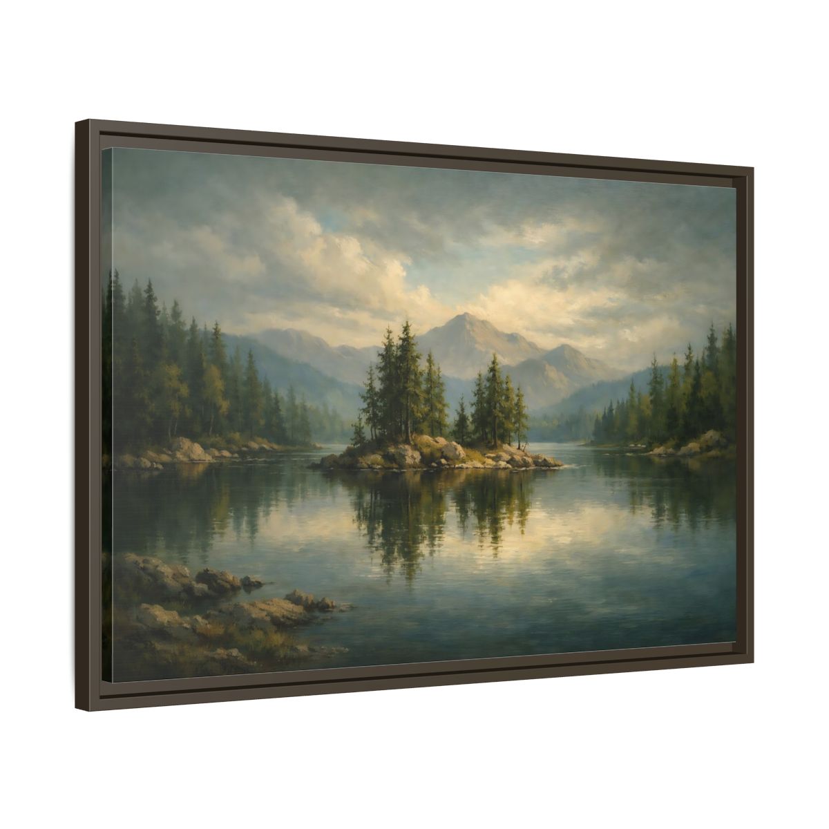 Side Mockup 11. Nature Lake Island Green Lake Landscape shown as stretched canvas wall art