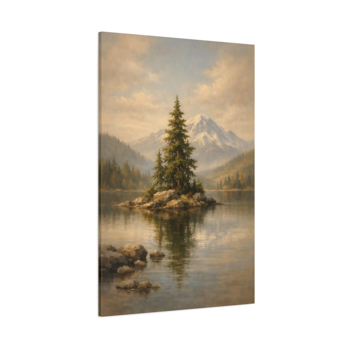 Main Mockup. Nature Lake Island Green Mountain Lake shown as stretched canvas wall art