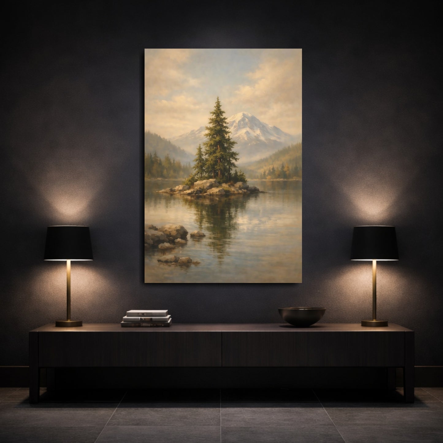Mockup 2. Nature Lake Island Green Mountain Lake shown as stretched canvas wall art