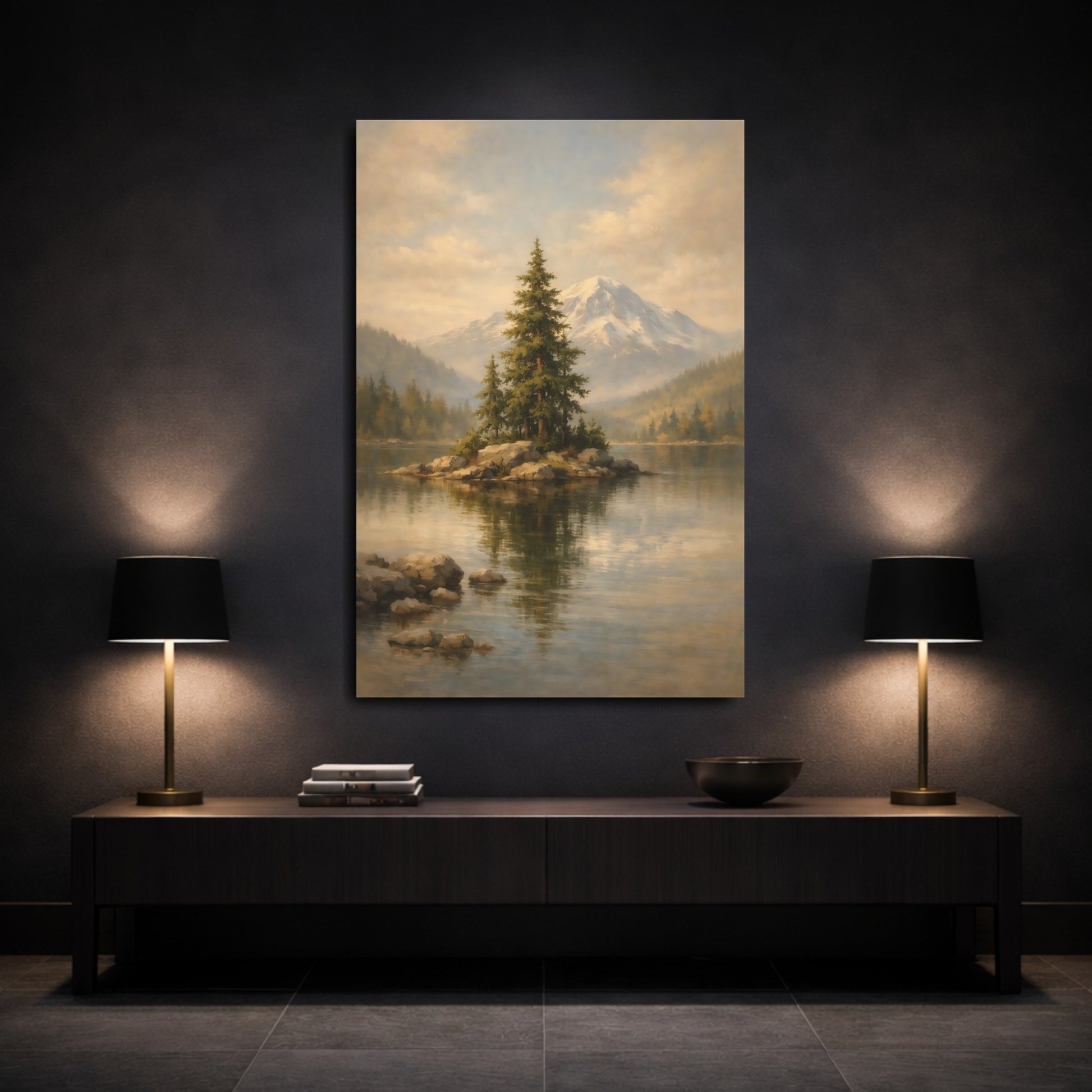 Mockup 2. Nature Lake Island Green Mountain Lake shown as stretched canvas wall art