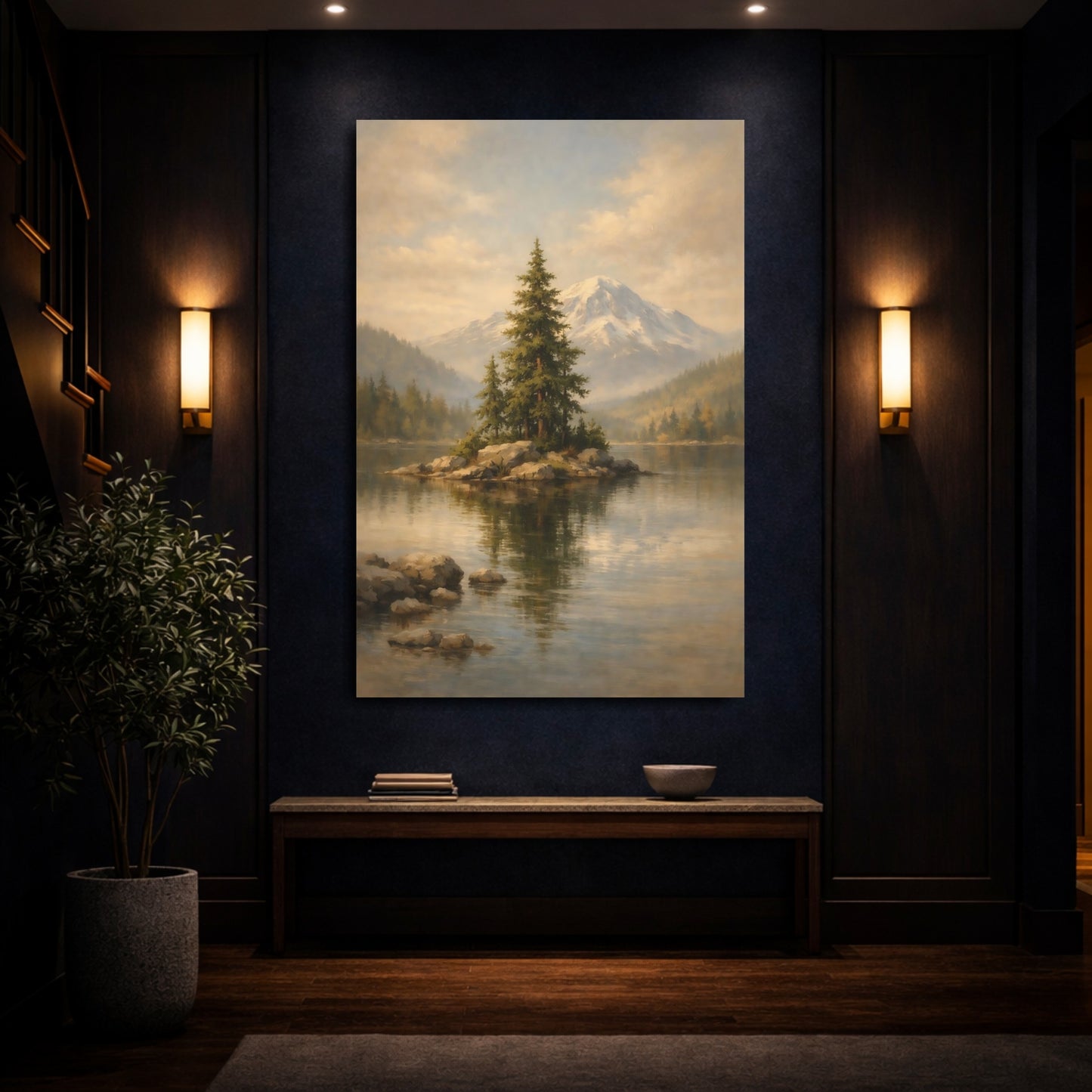 Mockup 3. Nature Lake Island Green Mountain Lake shown as stretched canvas wall art