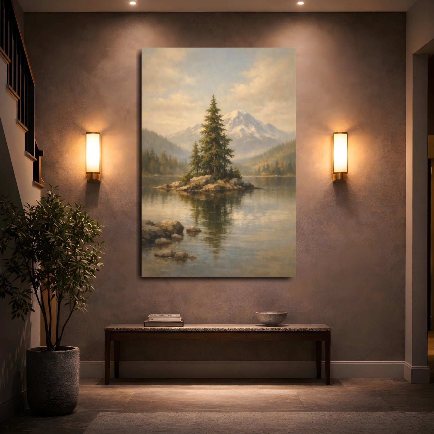 Mockup 4. Nature Lake Island Green Mountain Lake shown as stretched canvas wall art