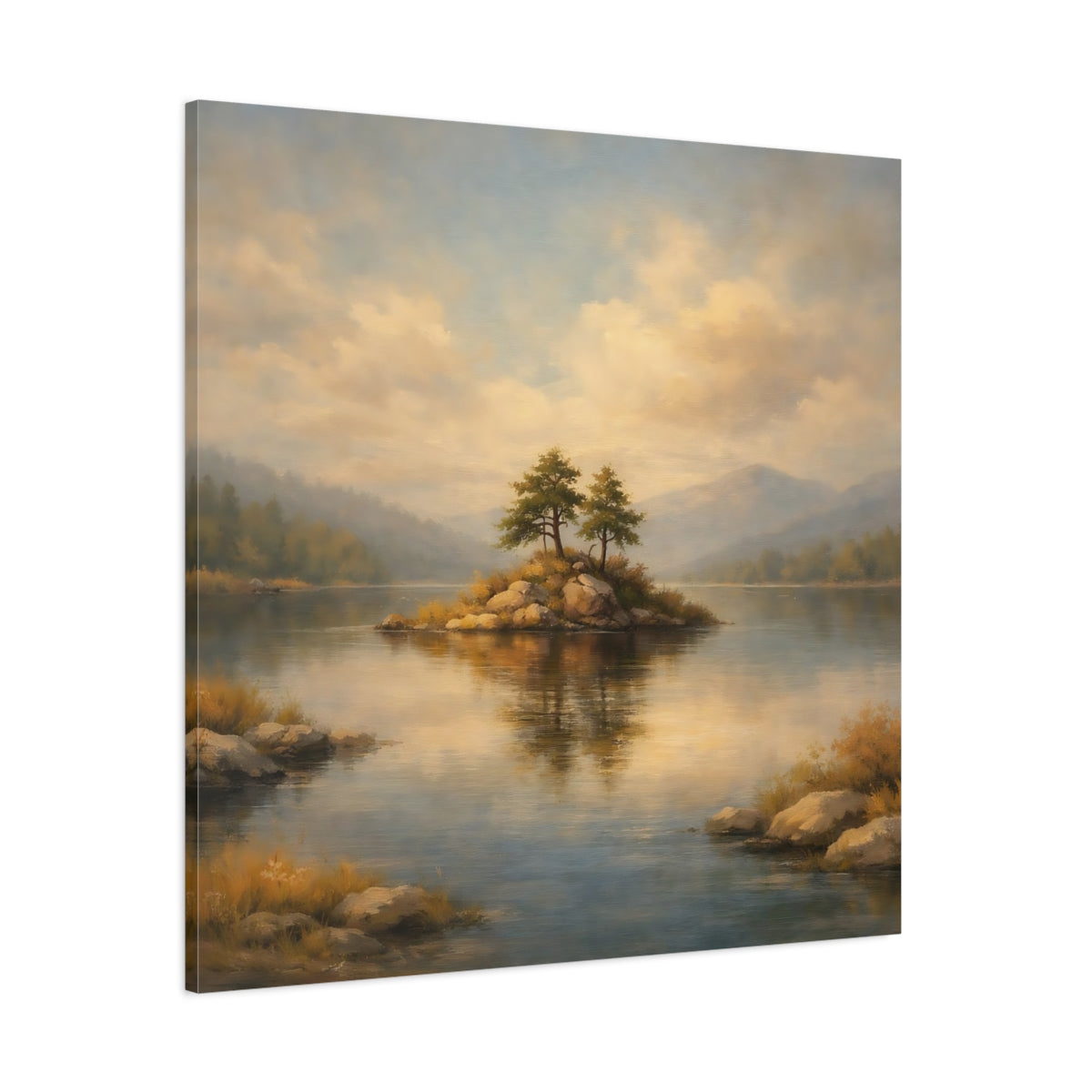 Main Mockup. Nature Lake Island Lake Island Landscape shown as stretched canvas wall art