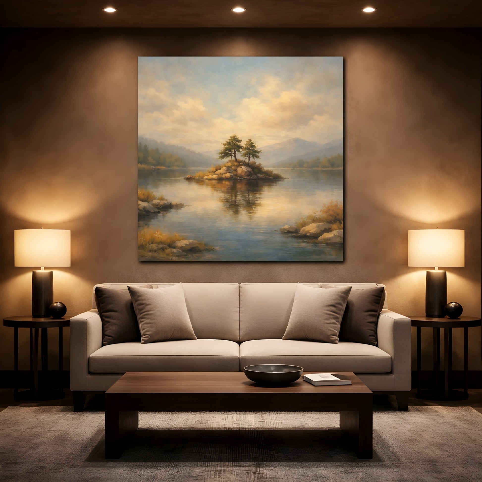 Mockup 2. Nature Lake Island Lake Island Landscape shown as stretched canvas wall art