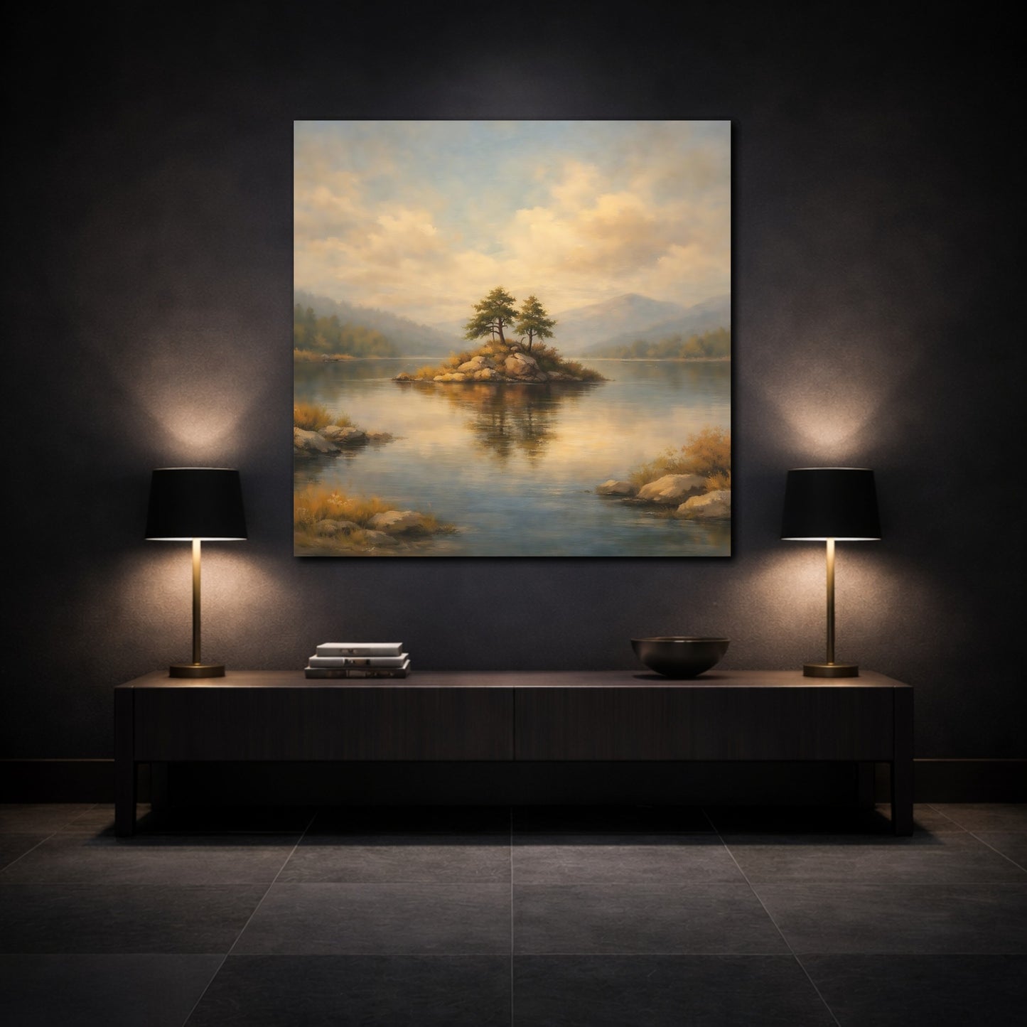 Mockup 3. Nature Lake Island Lake Island Landscape shown as stretched canvas wall art