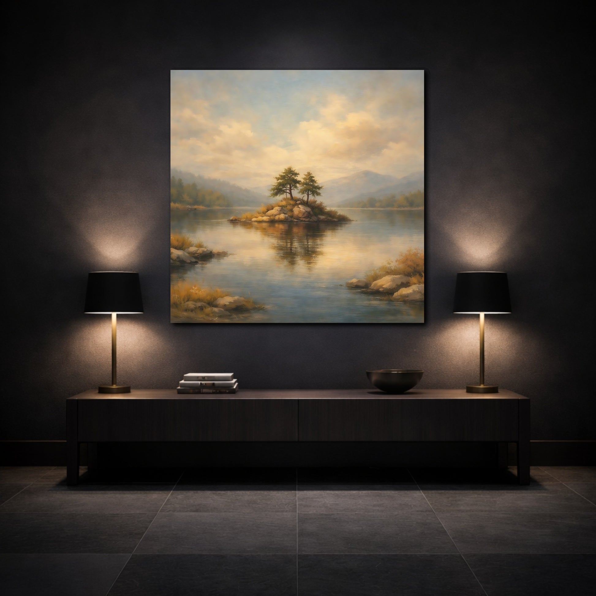 Mockup 3. Nature Lake Island Lake Island Landscape shown as stretched canvas wall art