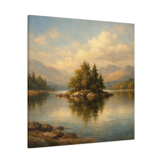 Main Mockup. Nature Lake Island Lake Mountain Landscape shown as stretched canvas wall art