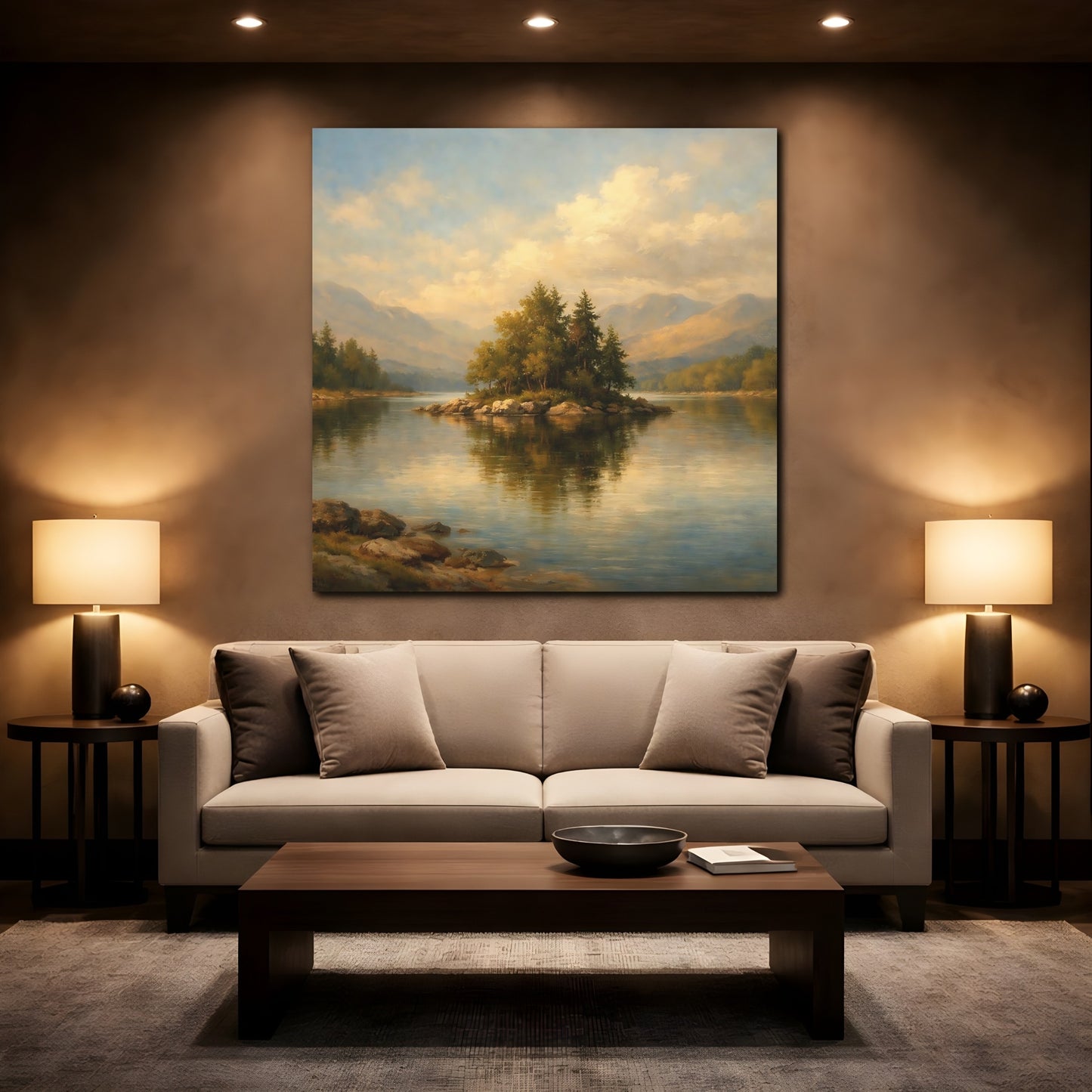 Mockup 2. Nature Lake Island Lake Mountain Landscape shown as stretched canvas wall art