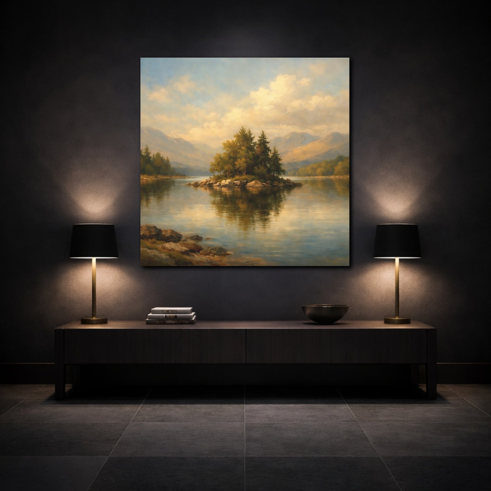 Mockup 3. Nature Lake Island Lake Mountain Landscape shown as stretched canvas wall art