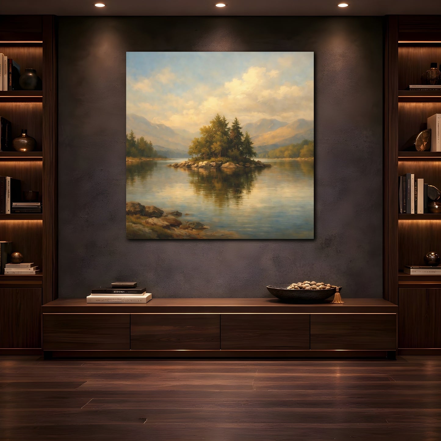 Mockup 4. Nature Lake Island Lake Mountain Landscape shown as stretched canvas wall art