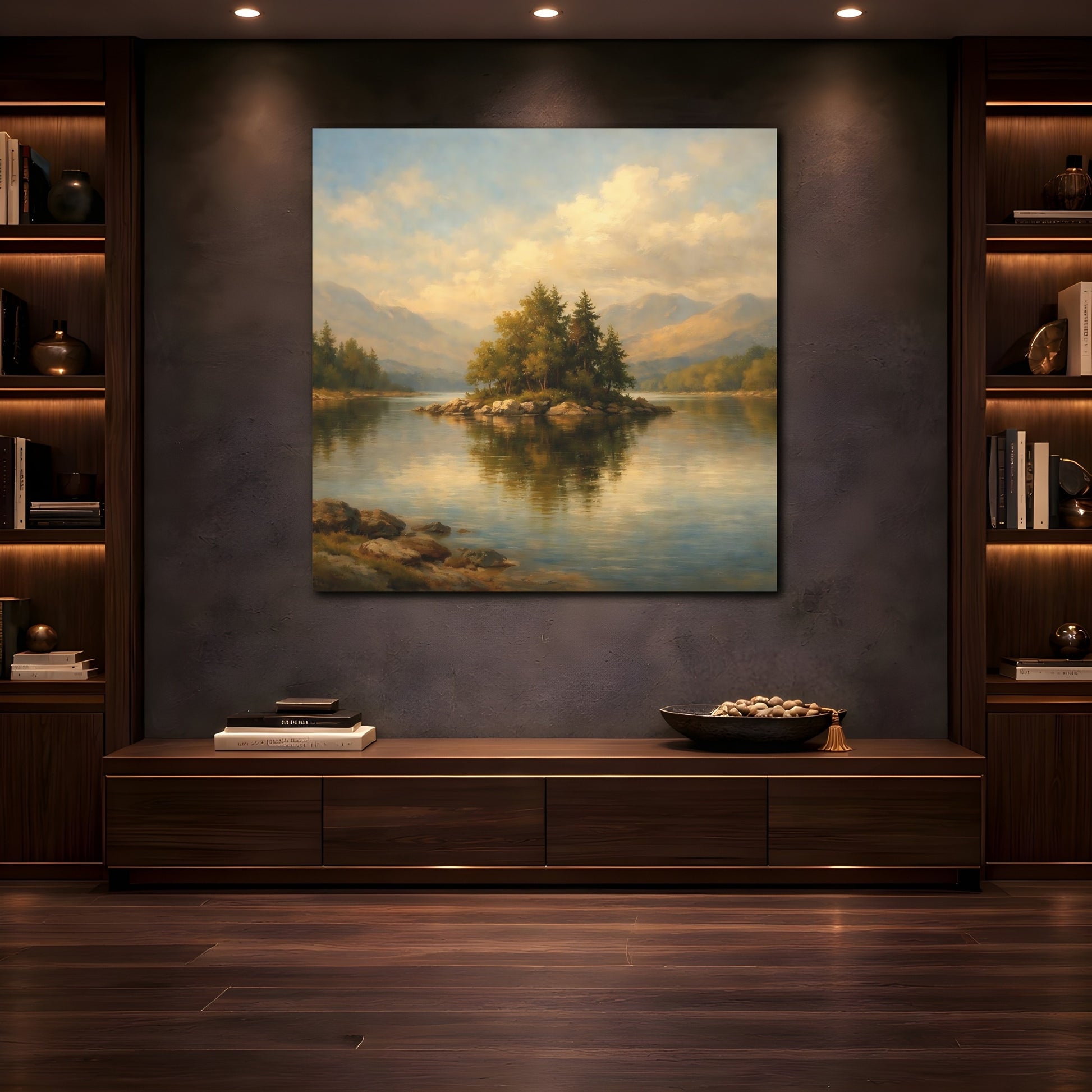 Mockup 4. Nature Lake Island Lake Mountain Landscape shown as stretched canvas wall art