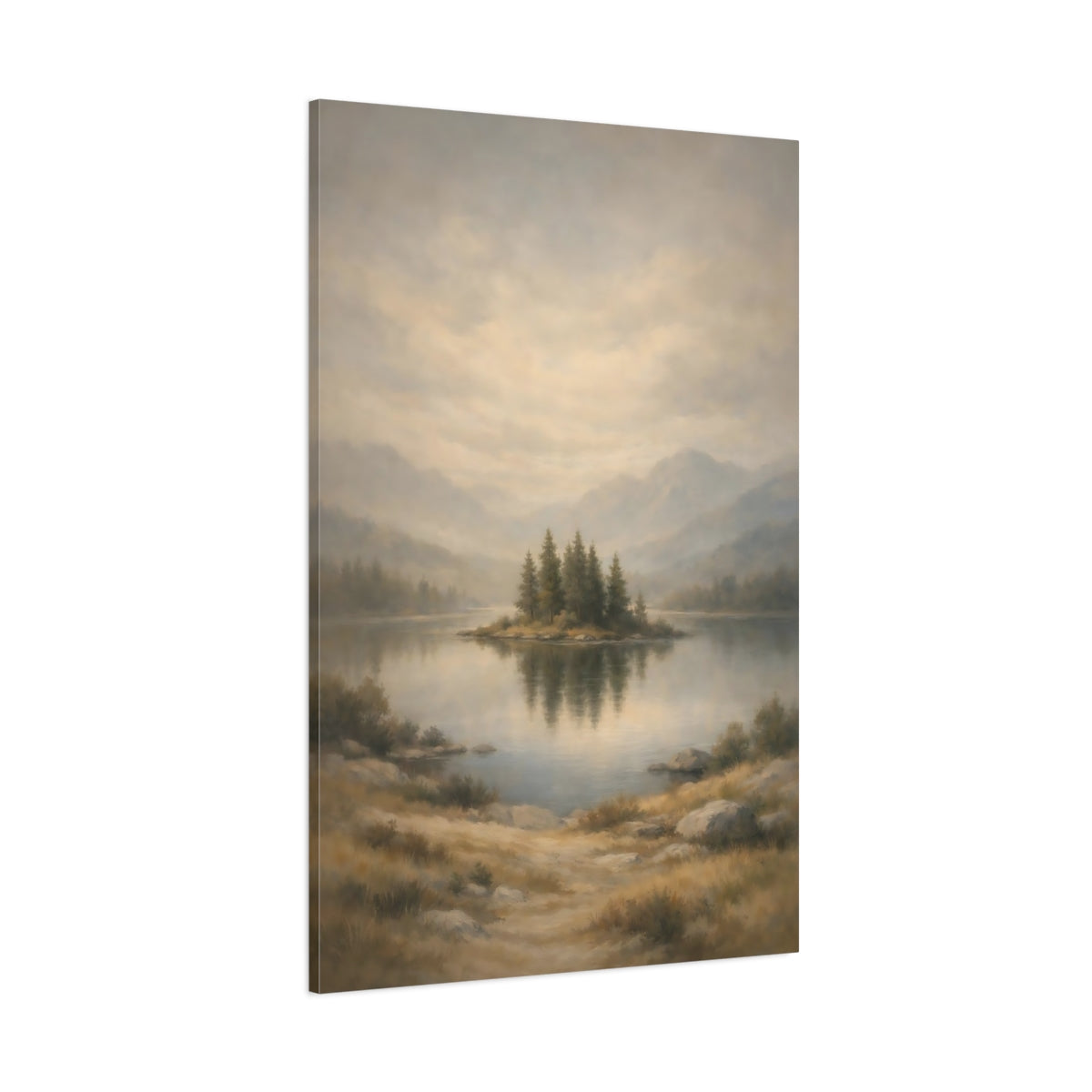Main Mockup. Nature Lake Island Misty Lake shown as stretched canvas wall art