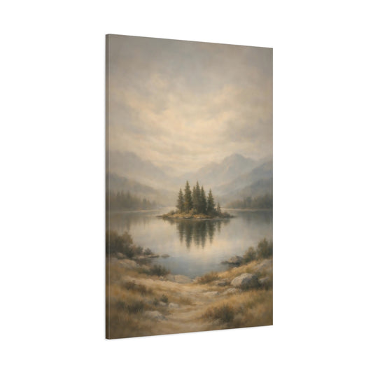 Main Mockup. Nature Lake Island Misty Lake shown as stretched canvas wall art