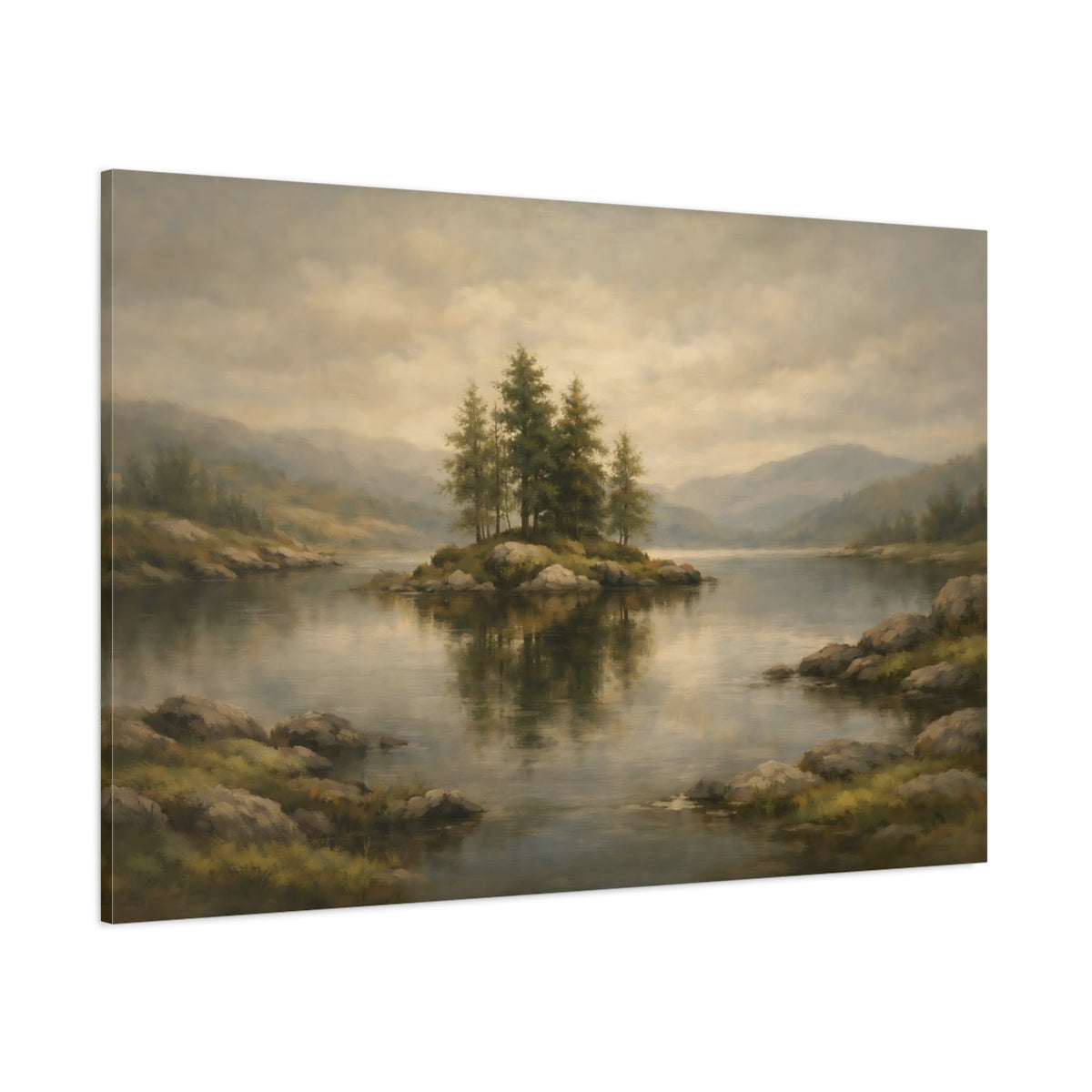 Main Mockup. Nature Lake Island Misty Lake Island shown as stretched canvas wall art