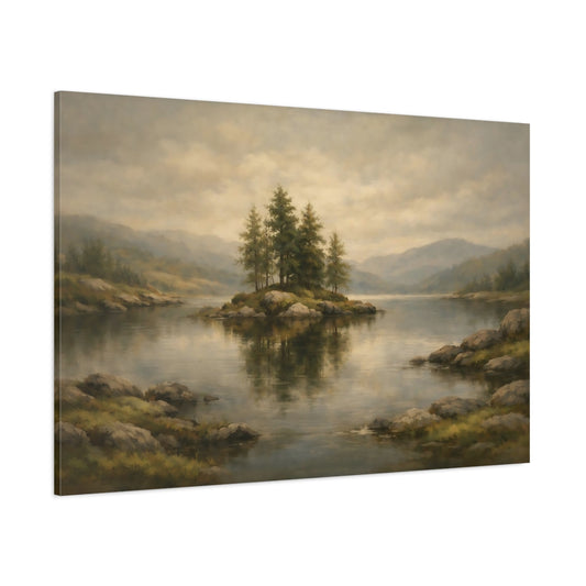 Main Mockup. Nature Lake Island Misty Lake Island shown as stretched canvas wall art