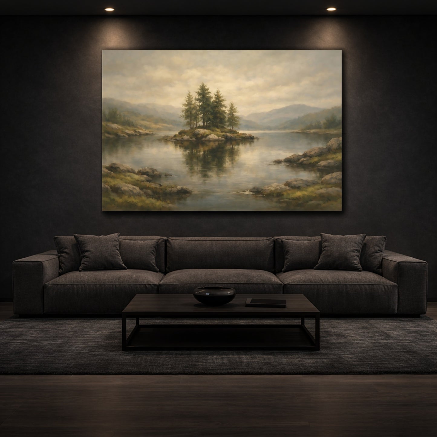 Mockup 2. Nature Lake Island Misty Lake Island shown as stretched canvas wall art