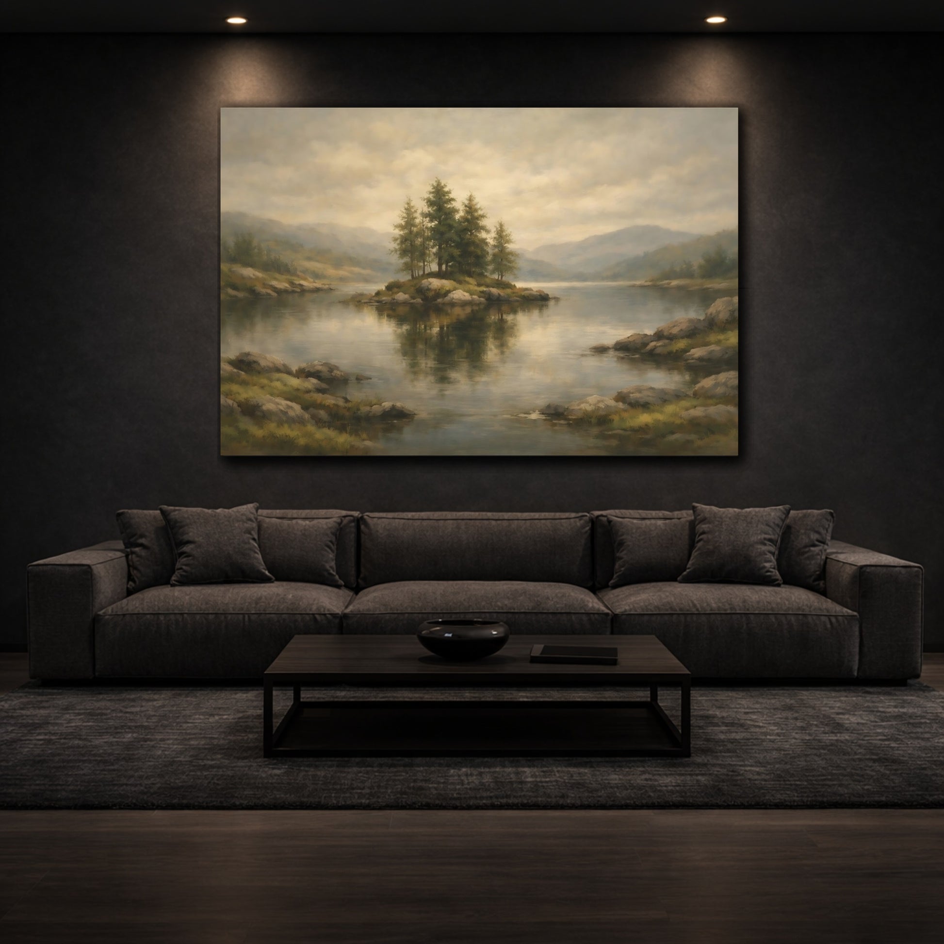 Mockup 2. Nature Lake Island Misty Lake Island shown as stretched canvas wall art