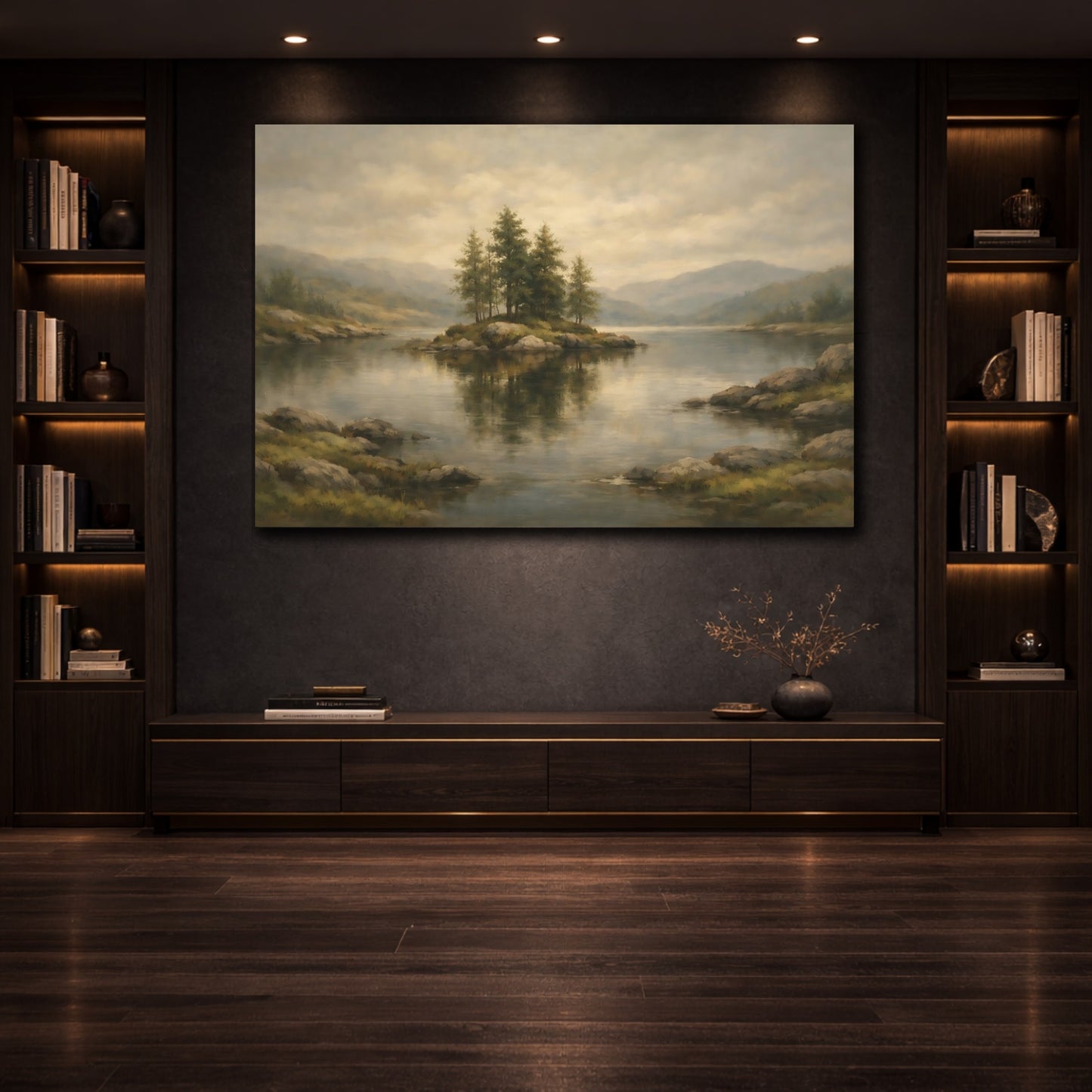 Mockup 3. Nature Lake Island Misty Lake Island shown as stretched canvas wall art