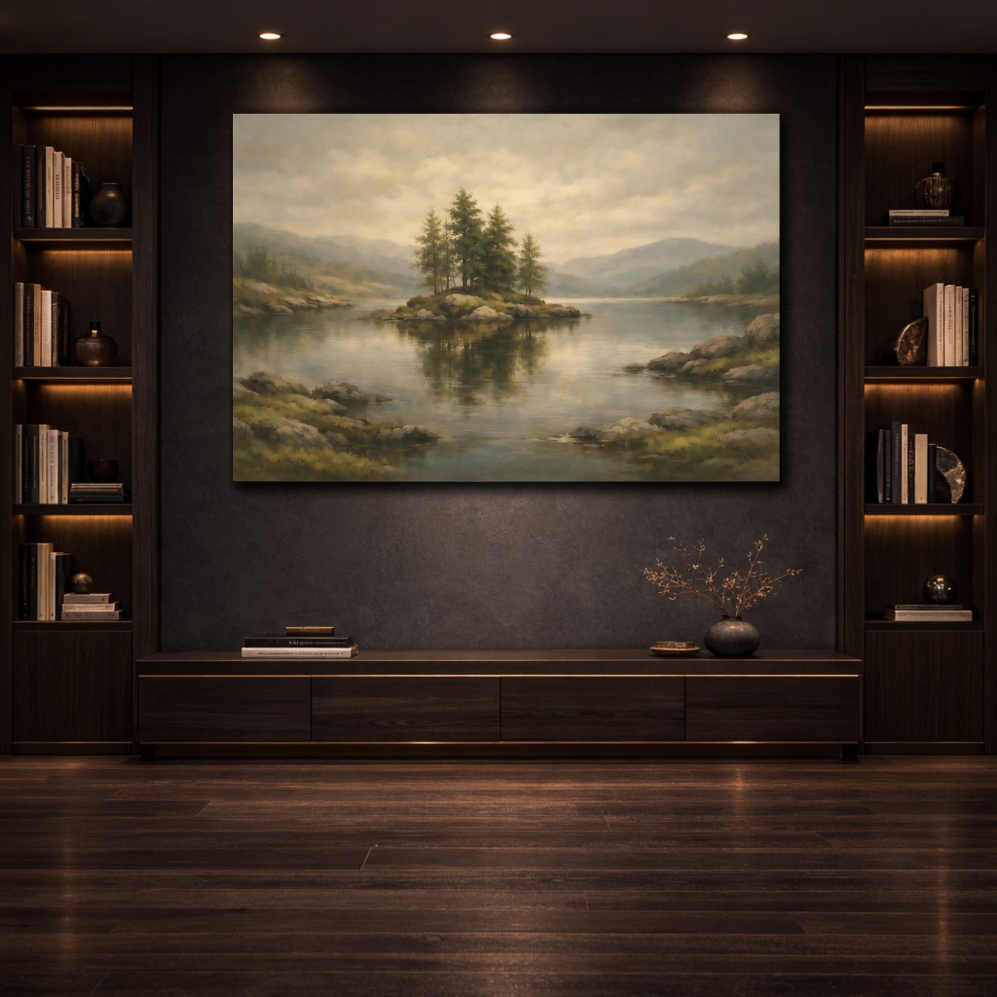 Mockup 3. Nature Lake Island Misty Lake Island shown as stretched canvas wall art