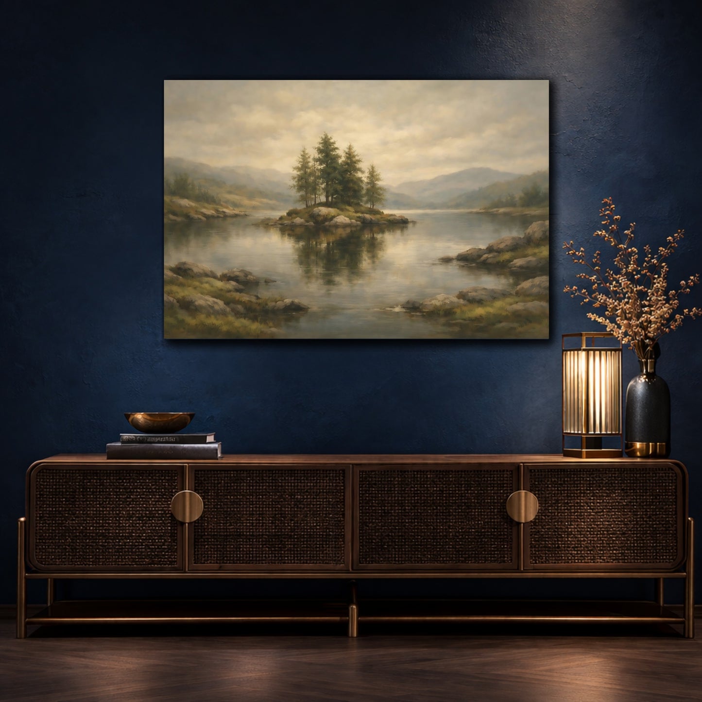 Mockup 4. Nature Lake Island Misty Lake Island shown as stretched canvas wall art