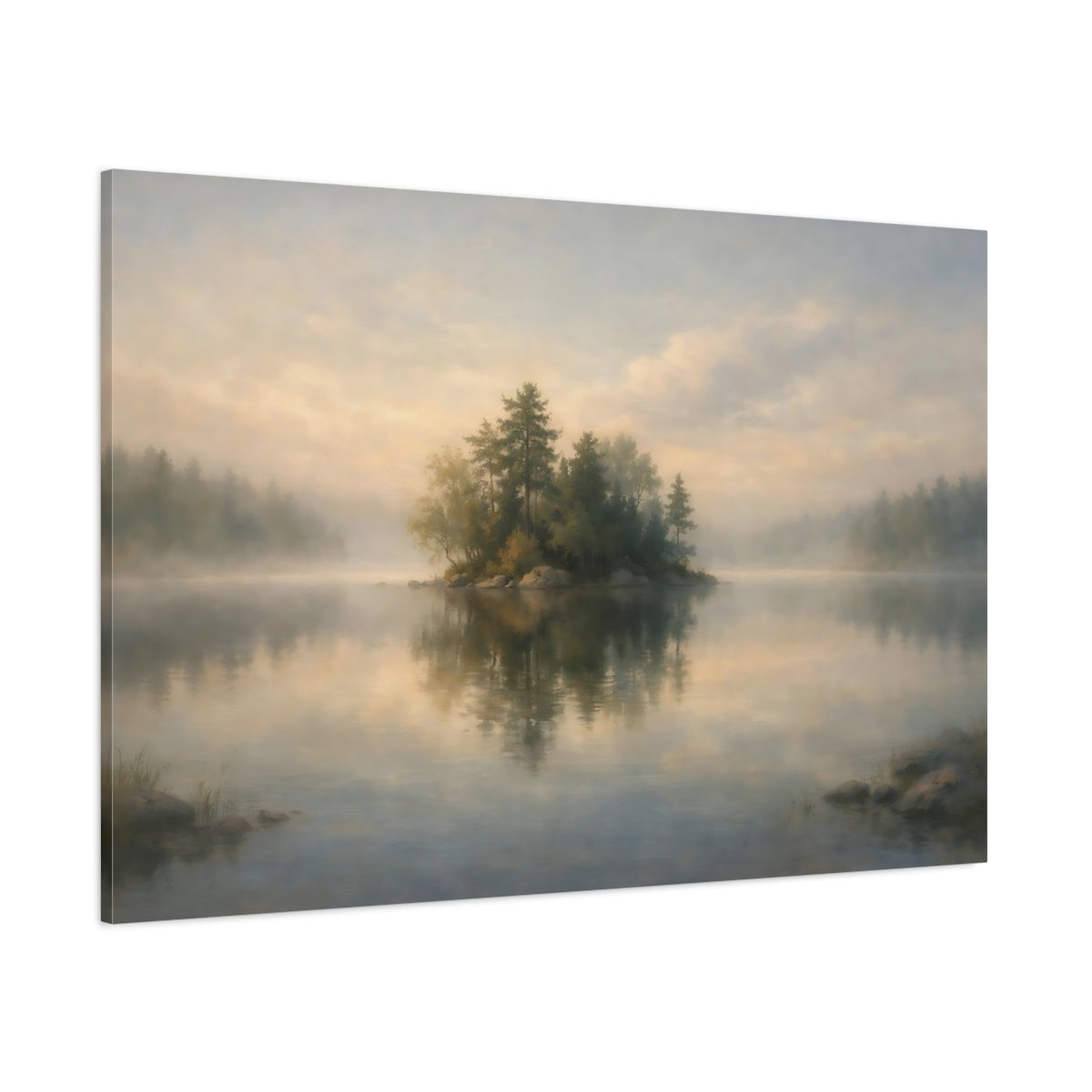 Main Mockup. Nature Lake Island Misty Lake Landscape shown as stretched canvas wall art