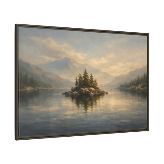 Main Mockup. Nature Lake Island Misty Lake Landscape shown as stretched canvas wall art