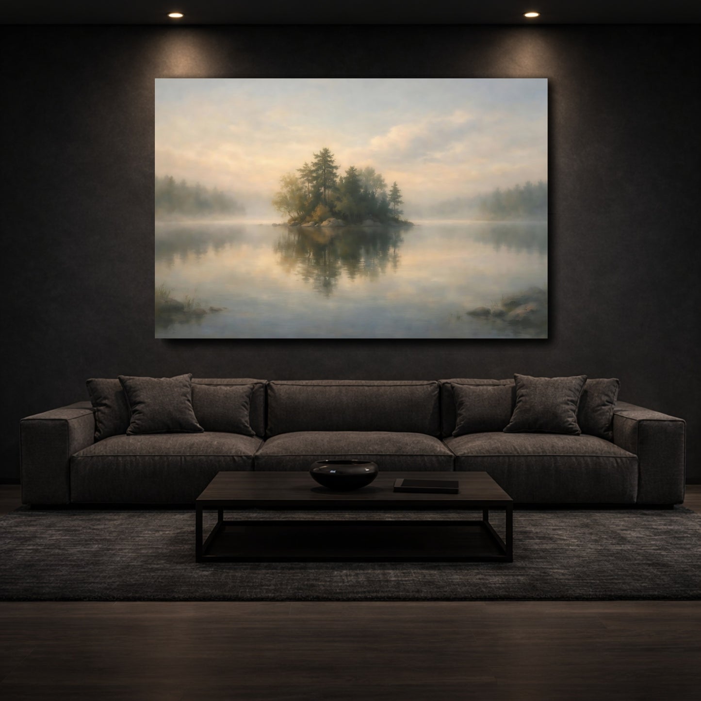 Mockup 2. Nature Lake Island Misty Lake Landscape shown as stretched canvas wall art