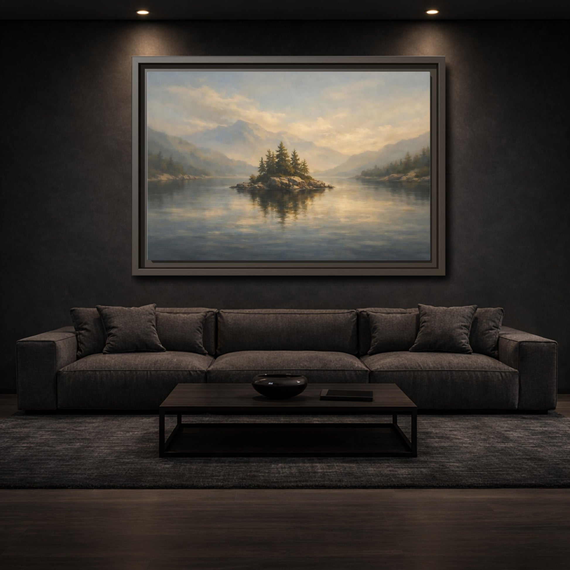 Mockup 2. Nature Lake Island Misty Lake Landscape shown as stretched canvas wall art