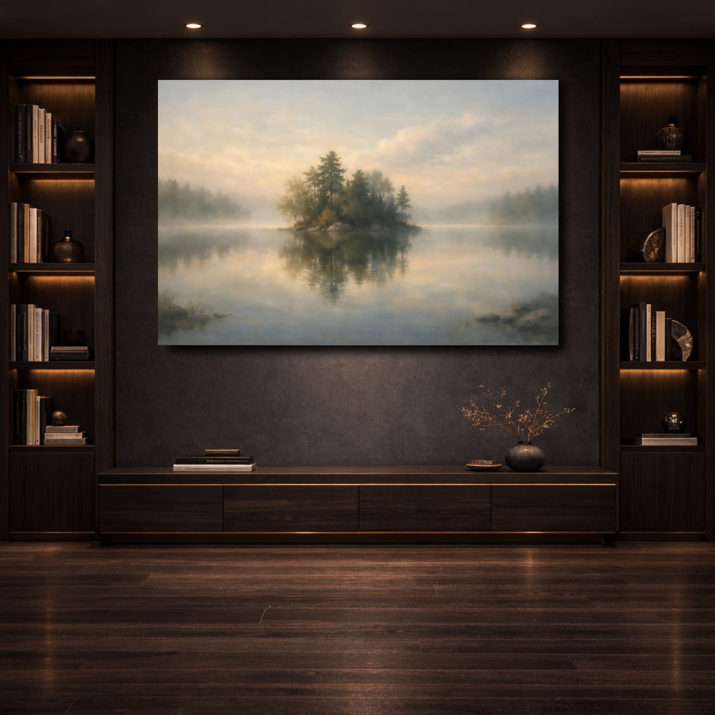 Mockup 3. Nature Lake Island Misty Lake Landscape shown as stretched canvas wall art